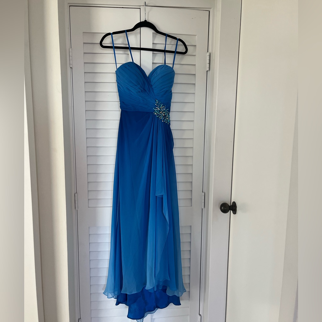 La Femme Strapless Royal Blue Chiffon Evening Gown With Beaded Accent